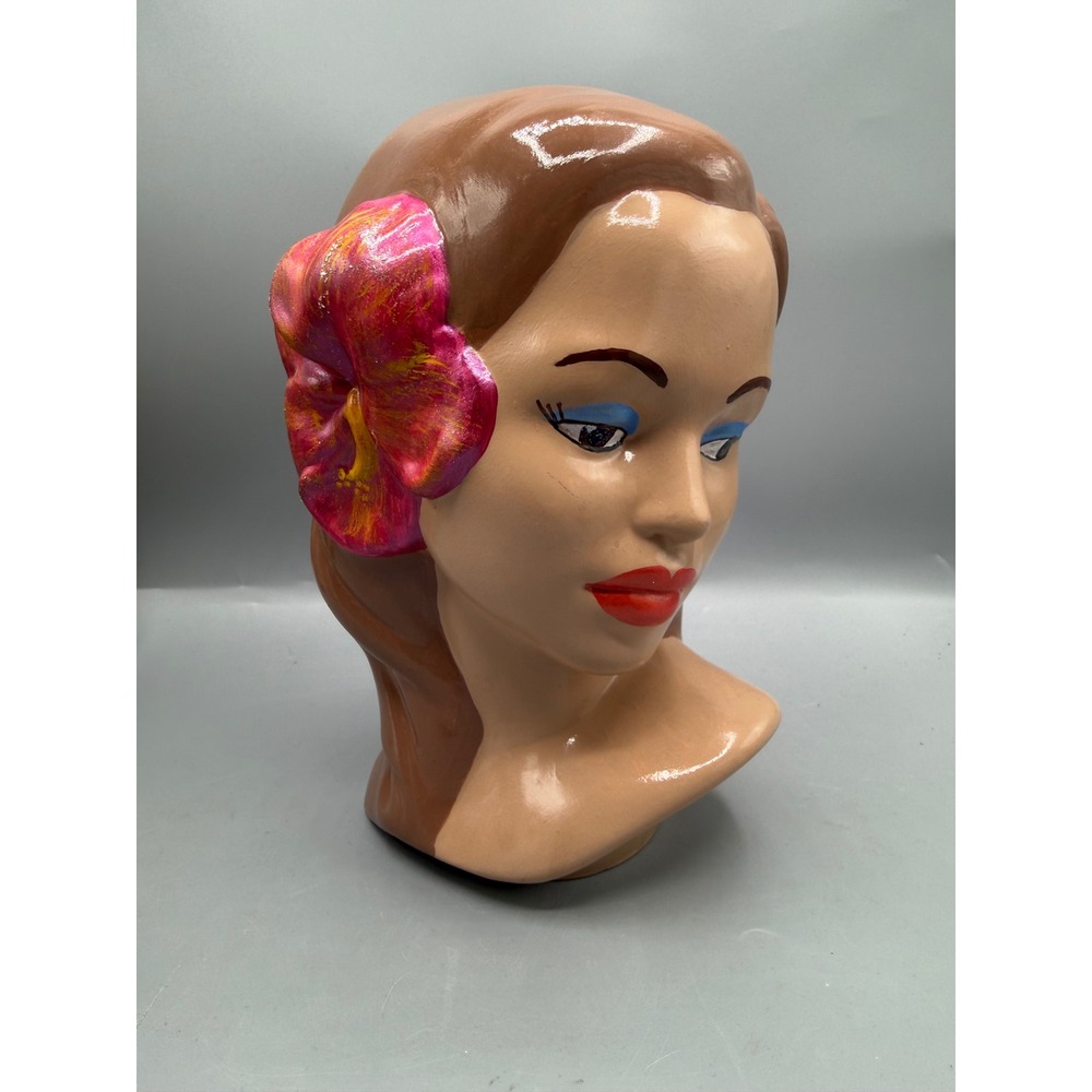 Vintage Marwal Chalkware Hawaiian Woman Bust Mid Century Tiki Decor Hibiscus